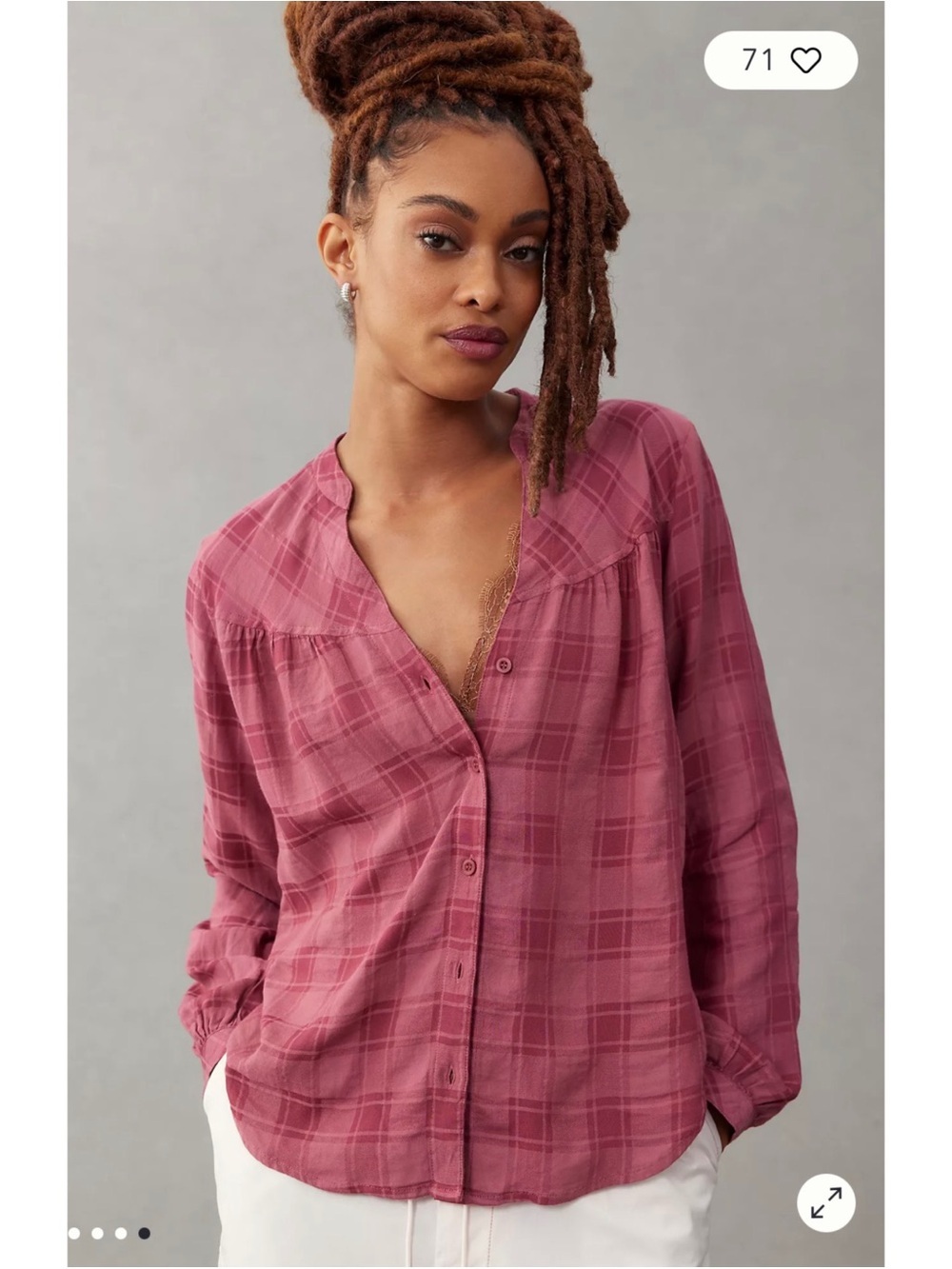 CLOTH & STONE Boho Peasant Pink Plaid Button Front Balloon Sleeve Blouse Size M